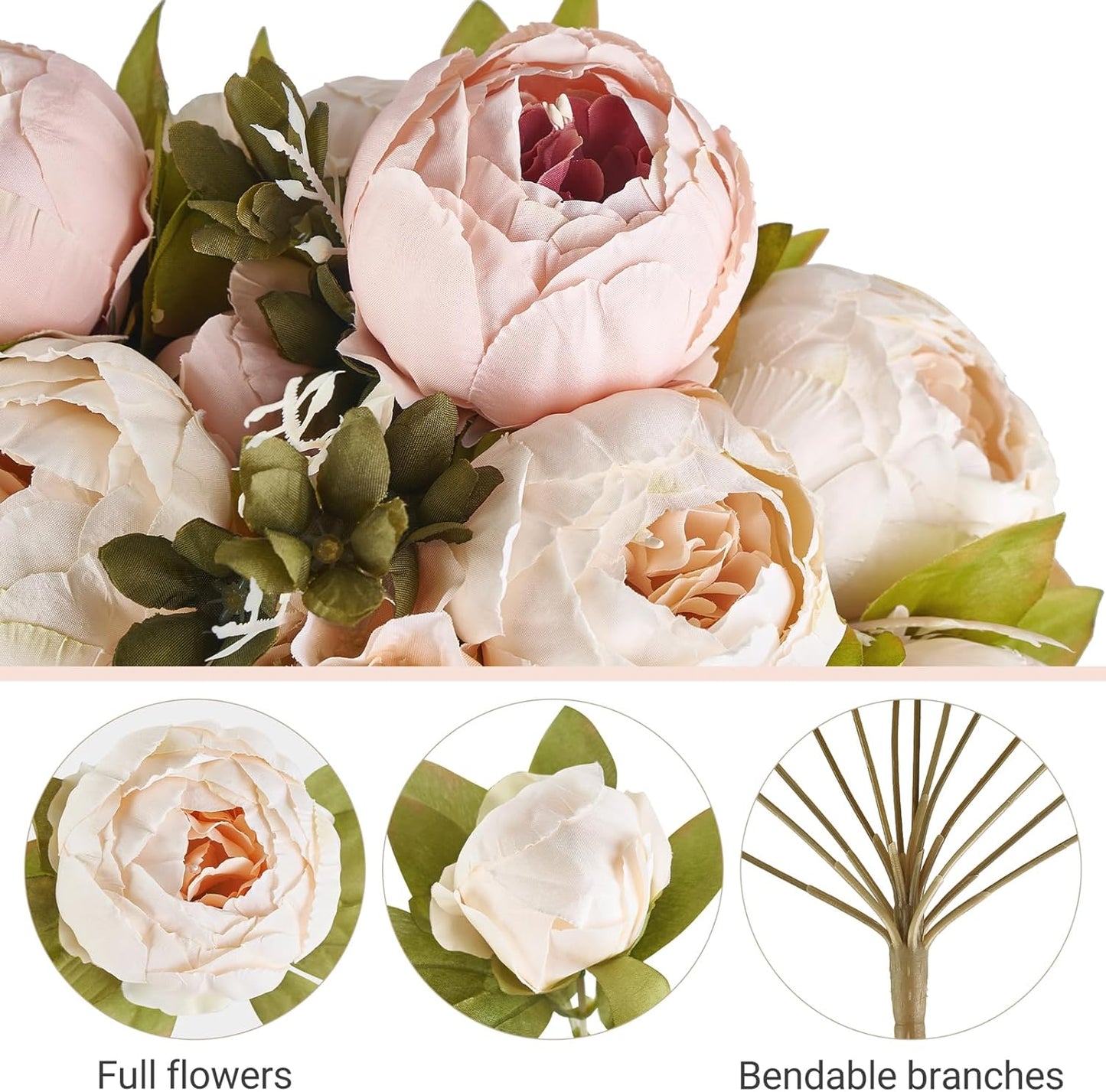 Mkono Peonies Artificial Flowers, Faux Peony Flowers Real Touch Fake Silk Bouquet for Arrangements Dining Table Centerpieces for Kitchen Bridal Wedding Party (1pack, Light Pink)
