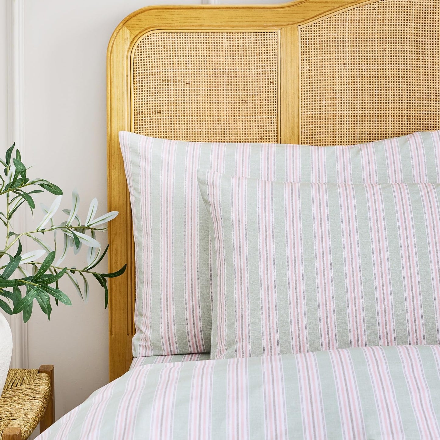 Christy Calder Stripe Standard Pillowcase Set | 100% Cotton | Cool Crisp Cotton Percale | Heritage Inspired Variegated Stripes Design | Bedding Bundle | Pink and Green