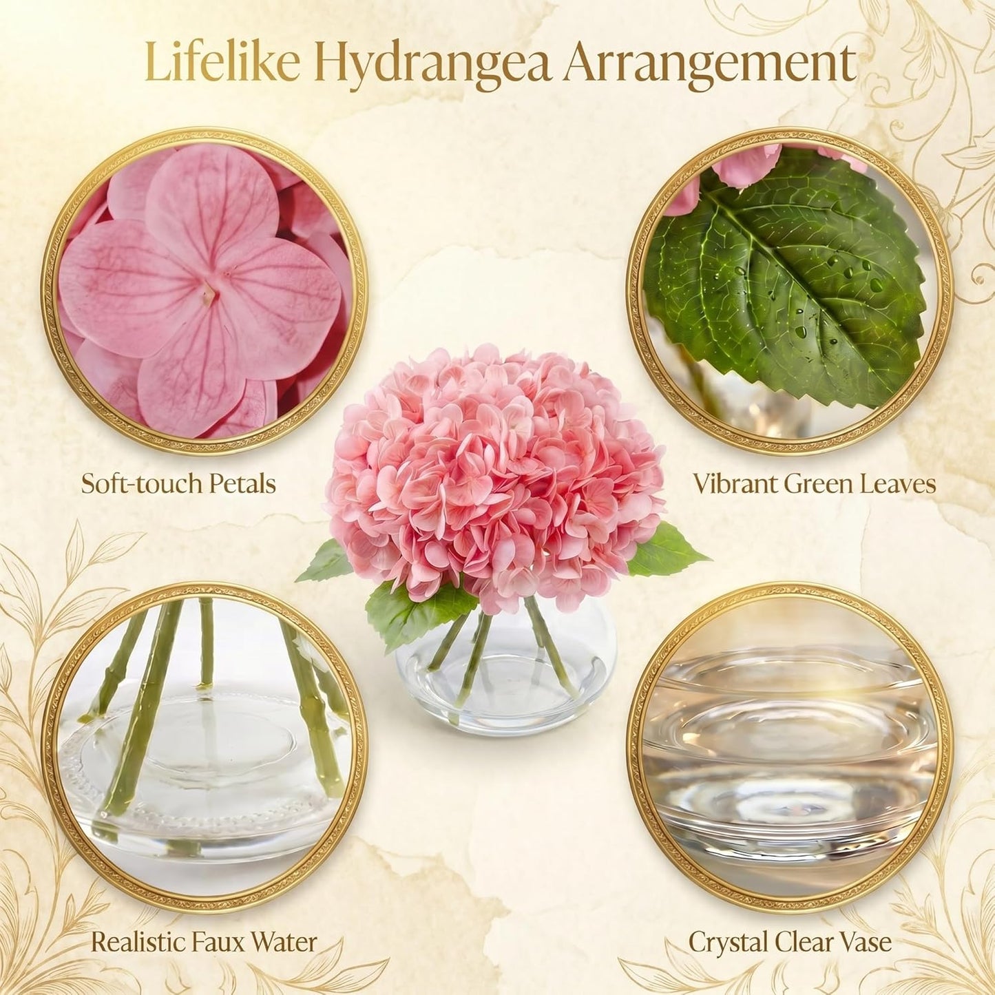 Hydrangea Artificial Flowers with Vase, Real Touch Latex Fake Hydrangeas Spring Stem Leaves Bouquet with Faux Water, Realistic Faux Flower for Home Office Bedroom Table Centerpiece Decor Pink