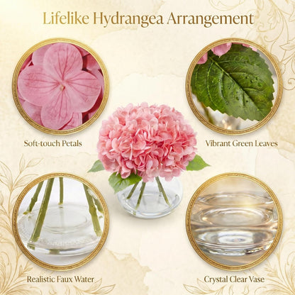 Hydrangea Artificial Flowers with Vase, Real Touch Latex Fake Hydrangeas Spring Stem Leaves Bouquet with Faux Water, Realistic Faux Flower for Home Office Bedroom Table Centerpiece Decor Pink
