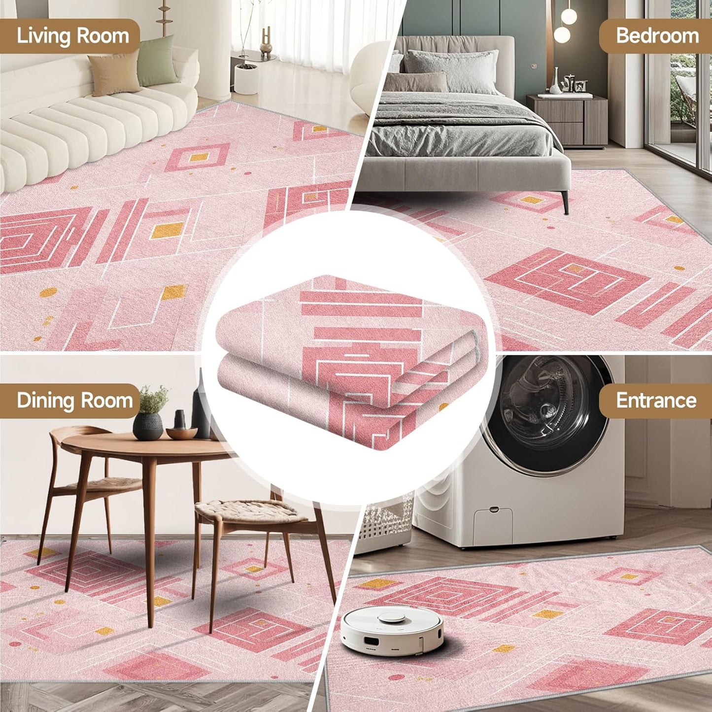 Modern Geometry 5x7 Area Rugs for Living Room, Washable Abstract Geometric Large Rug, Minimalist Pink Pattern Carpet Soft Low Pile Non Slip for Bedroom Home Decor HEC7sc
