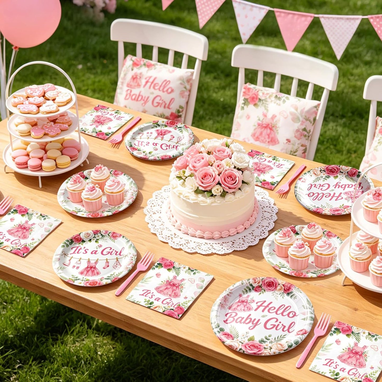 Miucat Baby Shower Decorations for Girl, 96Pcs Pink Floral Baby Shower Plates and Napkins Serves 24 Its a Girl Baby Tableware Set for Baby Girls Birthday Party Decorations