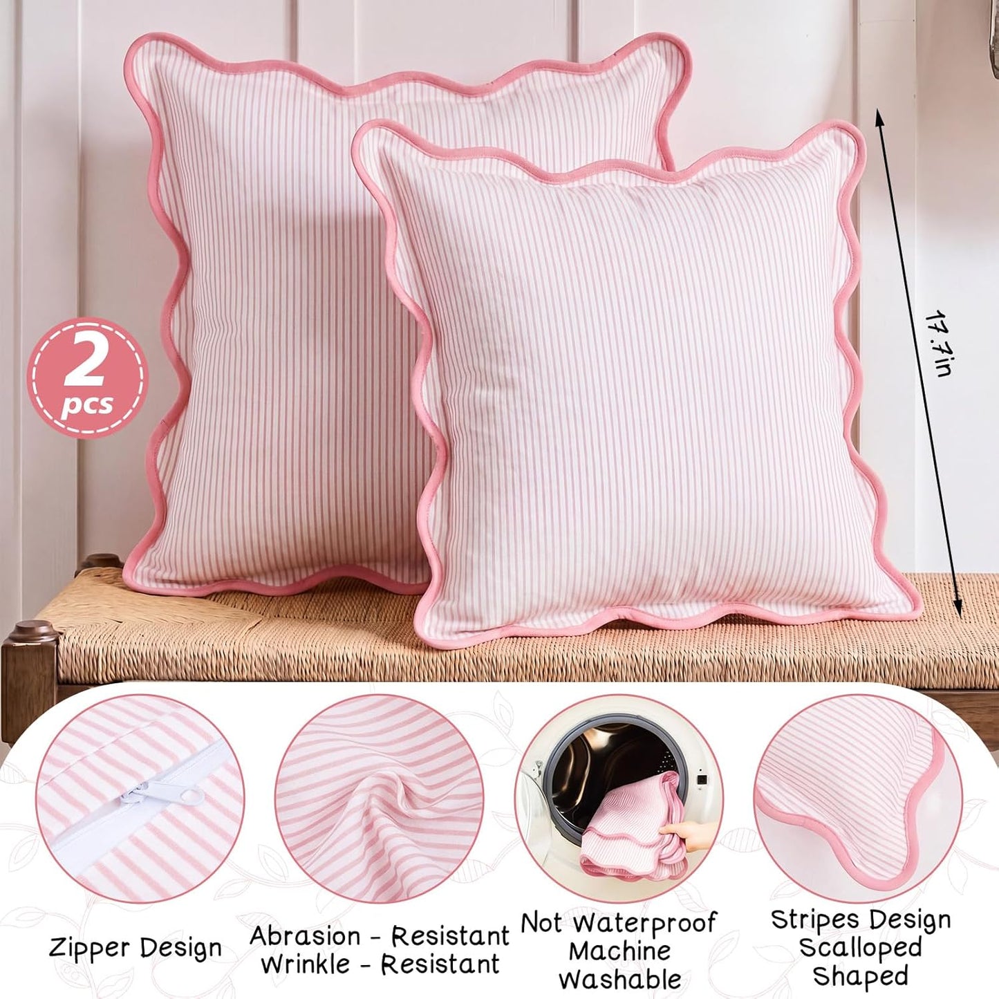 HunnmingRe 2 Pcs Scalloped Edge Striped Pillowcases Stripe Throw Pillow Cover Only Wear Resistant Pillow Shams for Couch Bed Sofa Bedroom Living Room Outdoor Party(Pink,18'' X 18'')