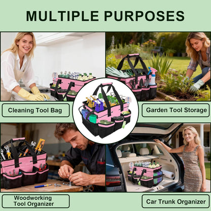 Large Cleaning Caddy Bag – Cleaning Supply Organizer Bag with Handle & Adjustable Shoulder Strap for Housekeepers, Professional Home, Apartment & Office Cleaning, Soft Portable Tote (Pink)
