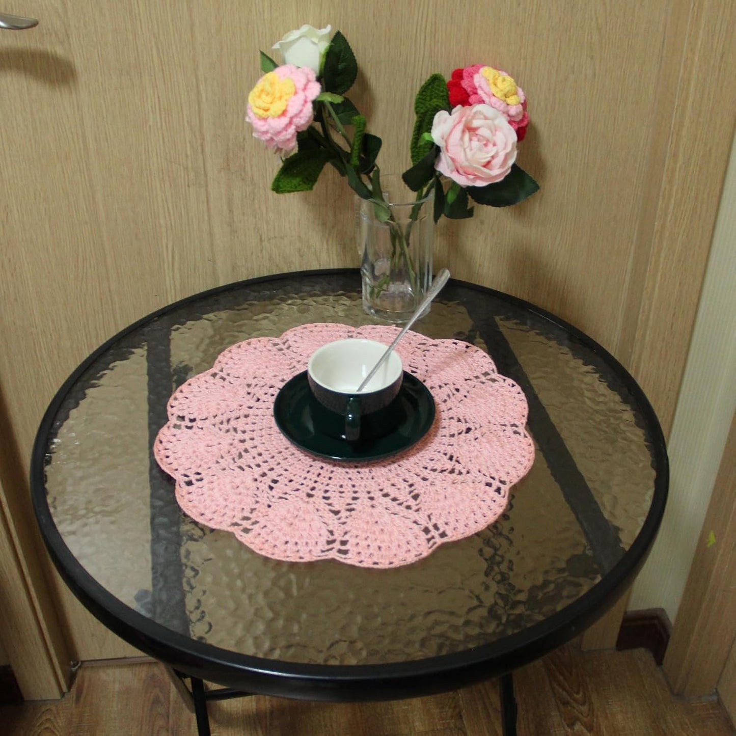11.8 in to 13.8 in Lace Doilies Round Flower Vase Mats Kitchen Tablecloth Dish Plate Mat Handmade Crochet Table Doily Placemats Coaster for Mother's Day Wedding (Pink,1PC)