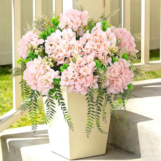 Ammyoo Artificial Hydrangea Flowers Silk Pink Fake Flower with Eucalyptus for Outdoor Decorations UV Resistant Realistic Faux Plants for Garden Porch Window Box Indoor Bathroom Dining Table Decor