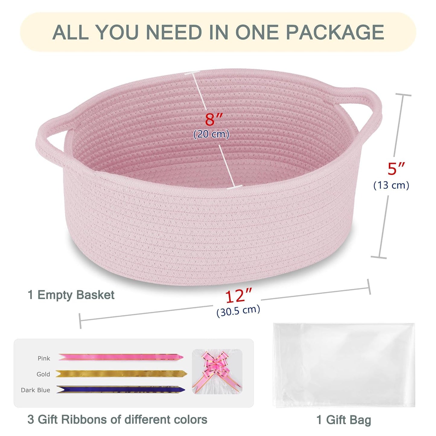 COMSE Small Woven Basket with Gift Bags and Ribbons, Gift Basket Empty, Cotton Rope Storage Organizer, Baby Toy Box with Handles, 12" x 8" x 5", Light pink