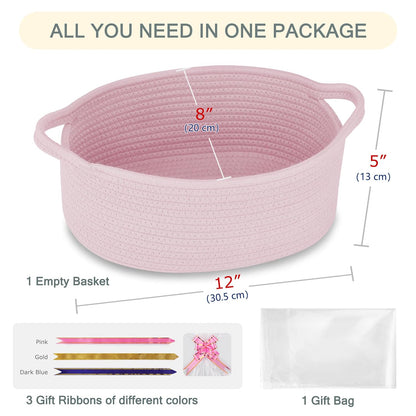 COMSE Small Woven Basket with Gift Bags and Ribbons, Gift Basket Empty, Cotton Rope Storage Organizer, Baby Toy Box with Handles, 12" x 8" x 5", Light pink