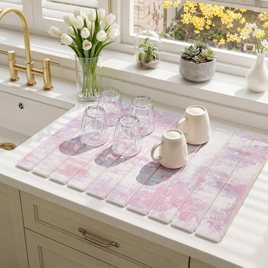 Findosom Large Stone Dish Drying Mat for Kitchen Counter, 23.6" × 15.3" Foldable Non-Slip Stone Drying Mat with Abstract Pattern, Heat Resistant Diatomaceous Earth Mat for Bath, Dishes, Cups, Pink