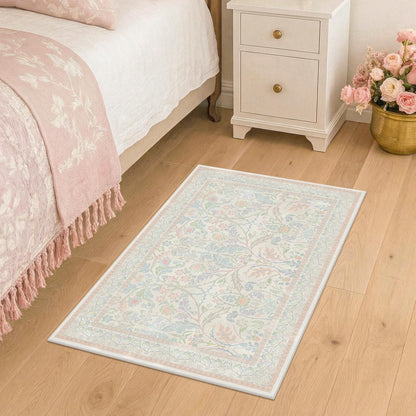Light Pink Area Rug 2x3 Non Slip Washable, Ultra Soft Small Throw Rugs for Bedroom Girls, Thin Bathroom Rugs Fit Under Door, Powder Room, Low Pile Floral French Country Carpet for Mudroom, Kitchen