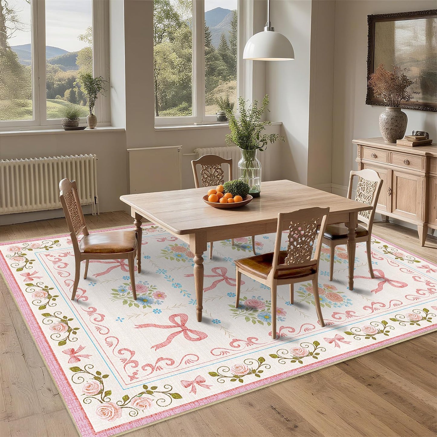 Bow 5x7 Area Rug Pink Princess Rugs Machine Washable Non-Slip Low-Pile Floor Carpet Mat for Girls Room Nursery Vanity Living Room Bedroom Dining Room Office