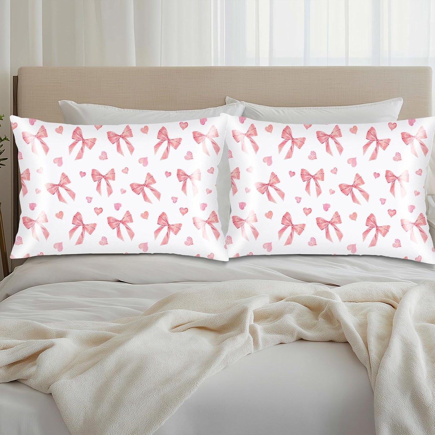 Pink Ribbon Bow Silk Satin Pillowcase for Hair and Skin,Throw Pillow Cover Queen Size Pillowcases Envelope Closure,Rectangle Pillow Covers Decorative Cushion Cases for Bed,Sofa,20"x30",Peach