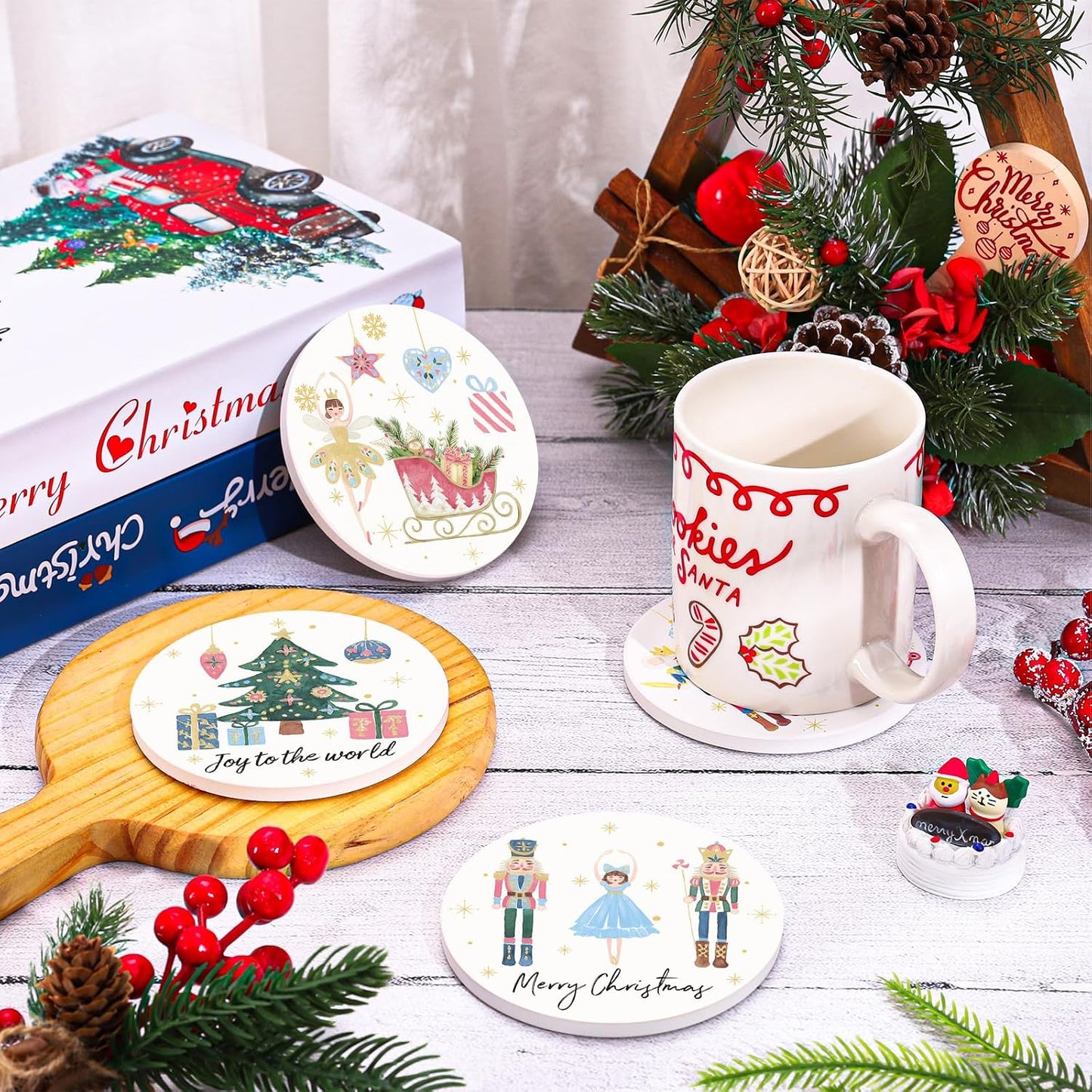 Whaline 4Pcs Christmas Ceramic Coasters Drink Coasters Nutcracker Xmas Winter Absorbent Cup Mat for Holiday Home Kitchen Party Table Decor