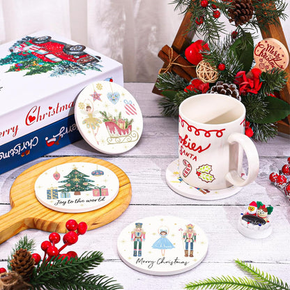 Whaline 4Pcs Christmas Ceramic Coasters Drink Coasters Nutcracker Xmas Winter Absorbent Cup Mat for Holiday Home Kitchen Party Table Decor