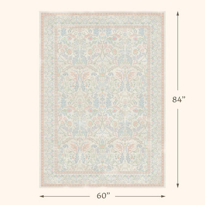 Washable Blue and Pink Rug 5x7 - Baby Girls Nursery Rug Non Slip, Soft Pastel Kids Playroom Decor Carpet, Light Blue and Green Oushak Floral Bedroom Living Room Dorm Carpet (Green and Pink)