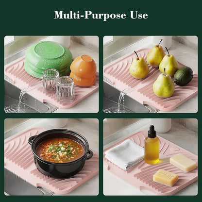 Silicone Dish Drying Mat for Kitchen Counter, Sloped Dish Drainer Mat with Drainage Ridges Grooves, Reliable Support, Non-Slip, Portable, Pink, 14.6" x 11.8"