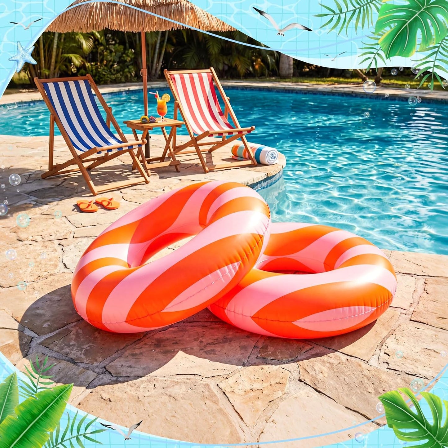 Silipull 2 Pcs Large Adult Float Tube 47.24 Inches Stripe Inflatable Swim Pool Ring Floats Single Sided Pink Orange Stripe Pool Tube Swimming Ring for Adults Beach Bachelorette Summer Wedding