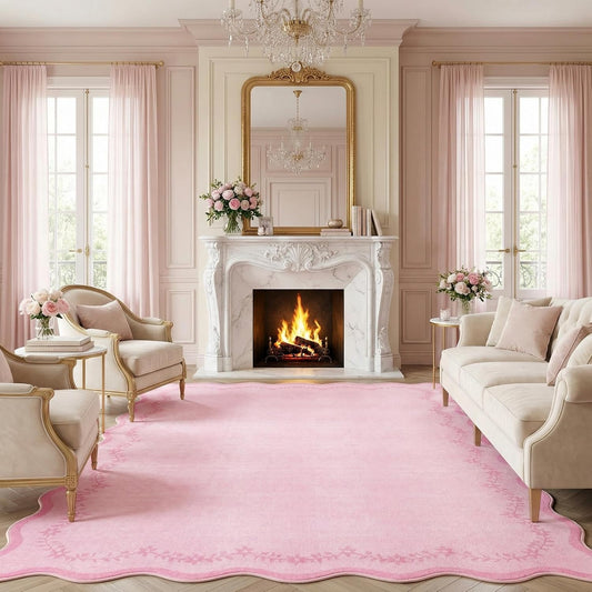 GarveeHome 6x9 Scalloped Area Rug Pink Washable Rugs for Living Room Bedroom, Soft Low Pile Non Slip Accent Floor Mat Solid Floral Print Throw Rug Farmhouse Indoor Carpet for Dorm Playroom