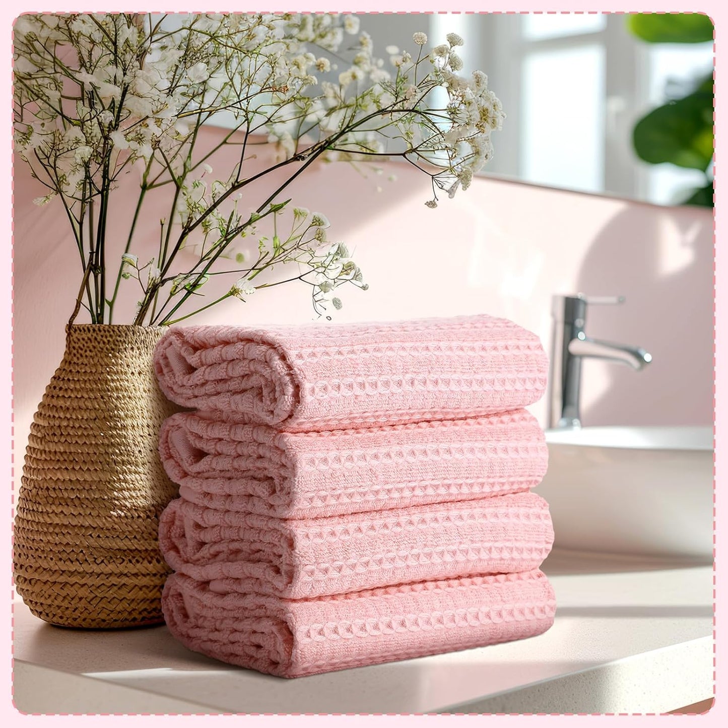 Mindsoft 4 Pack Pink Hand Towels Waffle Striped Pattern 100% Cotton Soft Hand Towels for Bathroom 13 x 29 Inch Absorbent Waffle Washcloths for Bathroom Kitchen
