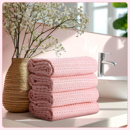 Mindsoft 4 Pack Pink Hand Towels Waffle Striped Pattern 100% Cotton Soft Hand Towels for Bathroom 13 x 29 Inch Absorbent Waffle Washcloths for Bathroom Kitchen