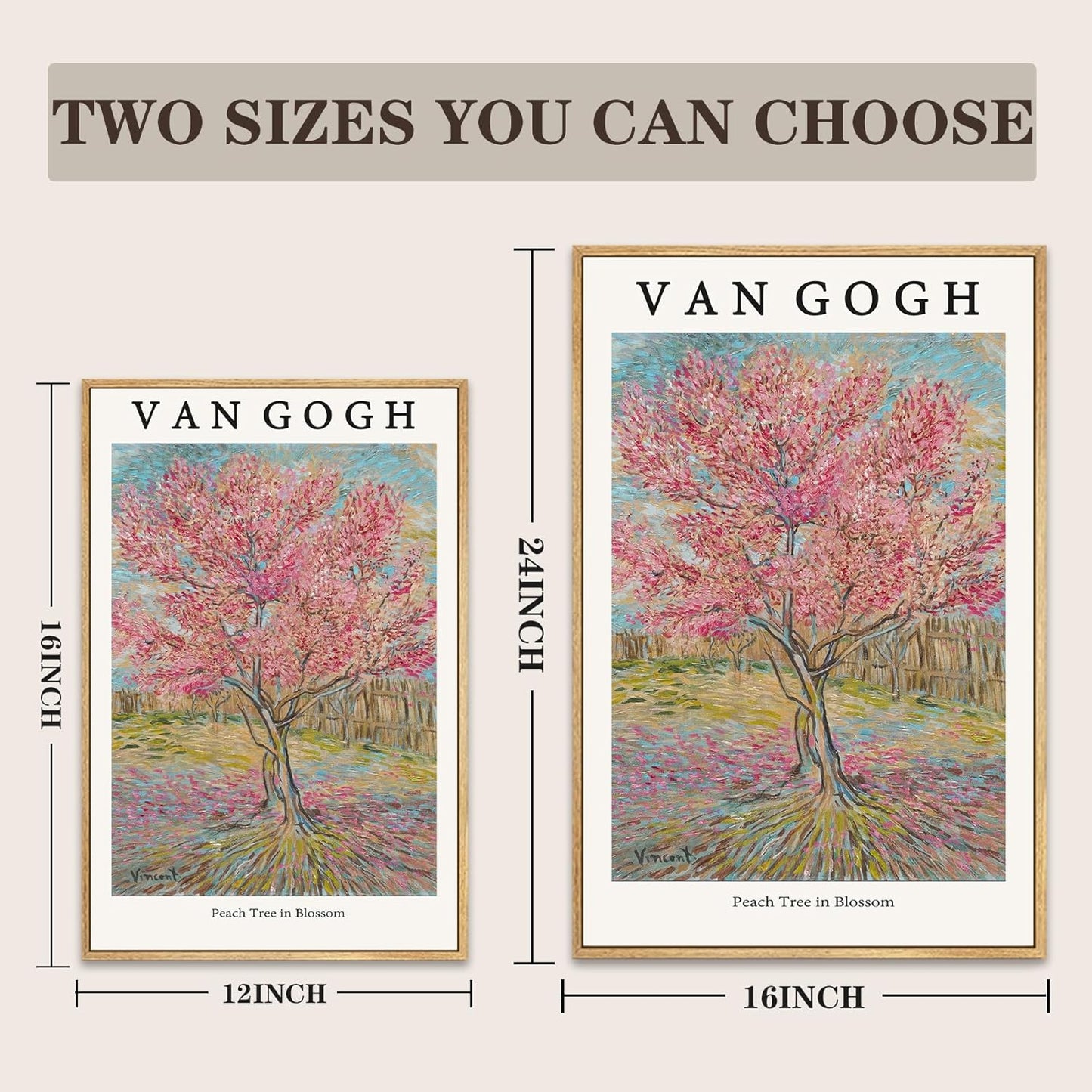 LARAGE Van Gogh Framed canvas Wall Art,Peach Tree in Blossom Botanical Impressionist Artwork,Classic Art Reproductions for Living Room Bedroom Home Decor-12x16 Inch