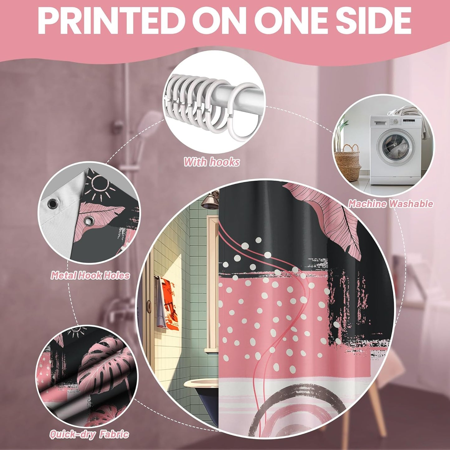 Pink and Gray Mid Century Modern Shower Curtain Bohemian Abstract Light Pink and Grey Shower Curtains for Bathroom Decor Sets, Waterproof Cloth Fabric with Hooks, 70x72 Inch