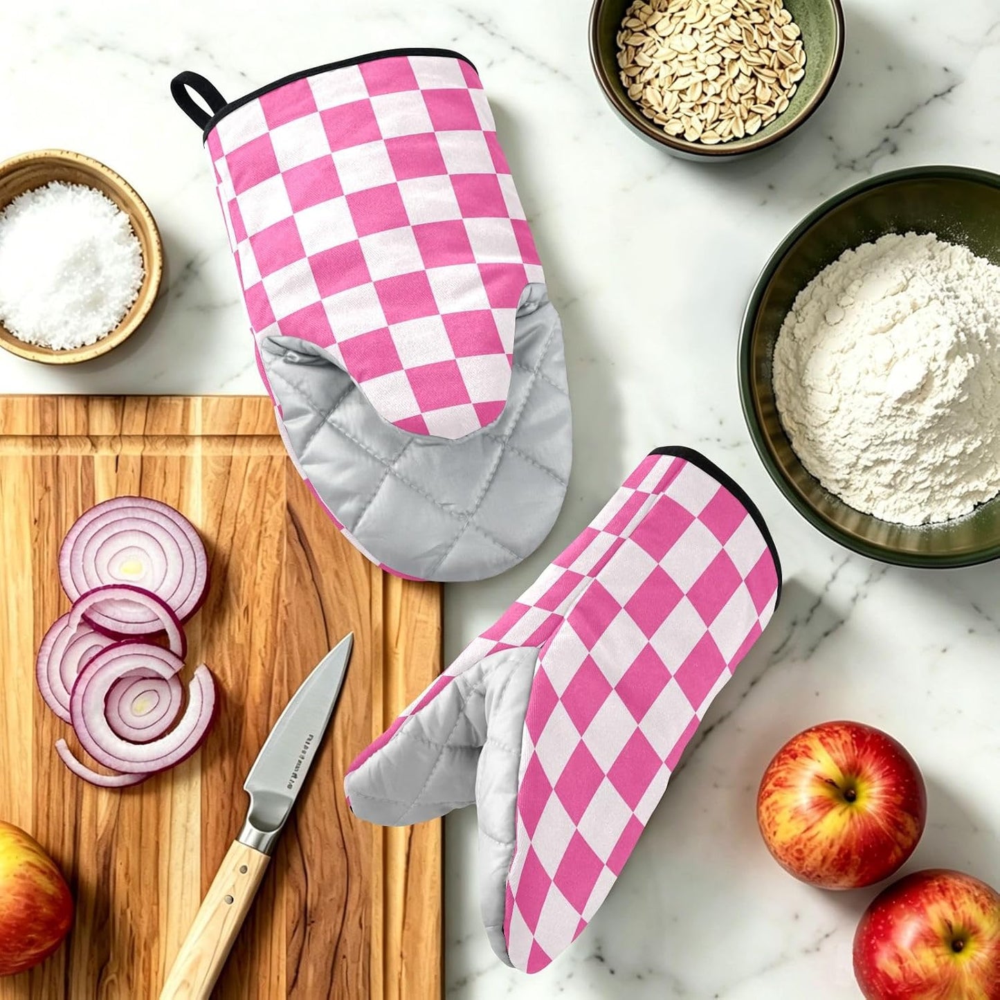 Oven Mitt 2 Pack Set White and Pink Checkered Plaid Kitchen Mitts Gloves for for Cooking Baking Grilling