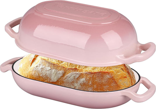VORRINGARD Enameled Cast Iron Sourdough Bread Oven, Dutch Oven, Loaf Cast Iron Bread Pan for Homemade Bread Baking, Meatloaf Pan with Lid, 5QT, Pink