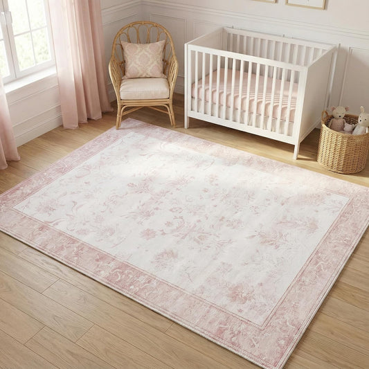 3'x5' Vintage Floral Nursery Rug - Ultra Soft Washable Area Rug for Baby Girl Room, 0.26" Low Pile Faux Wool Carpet for Bedroom Bedside - Non-Slip Silicone Backing, Pink & White