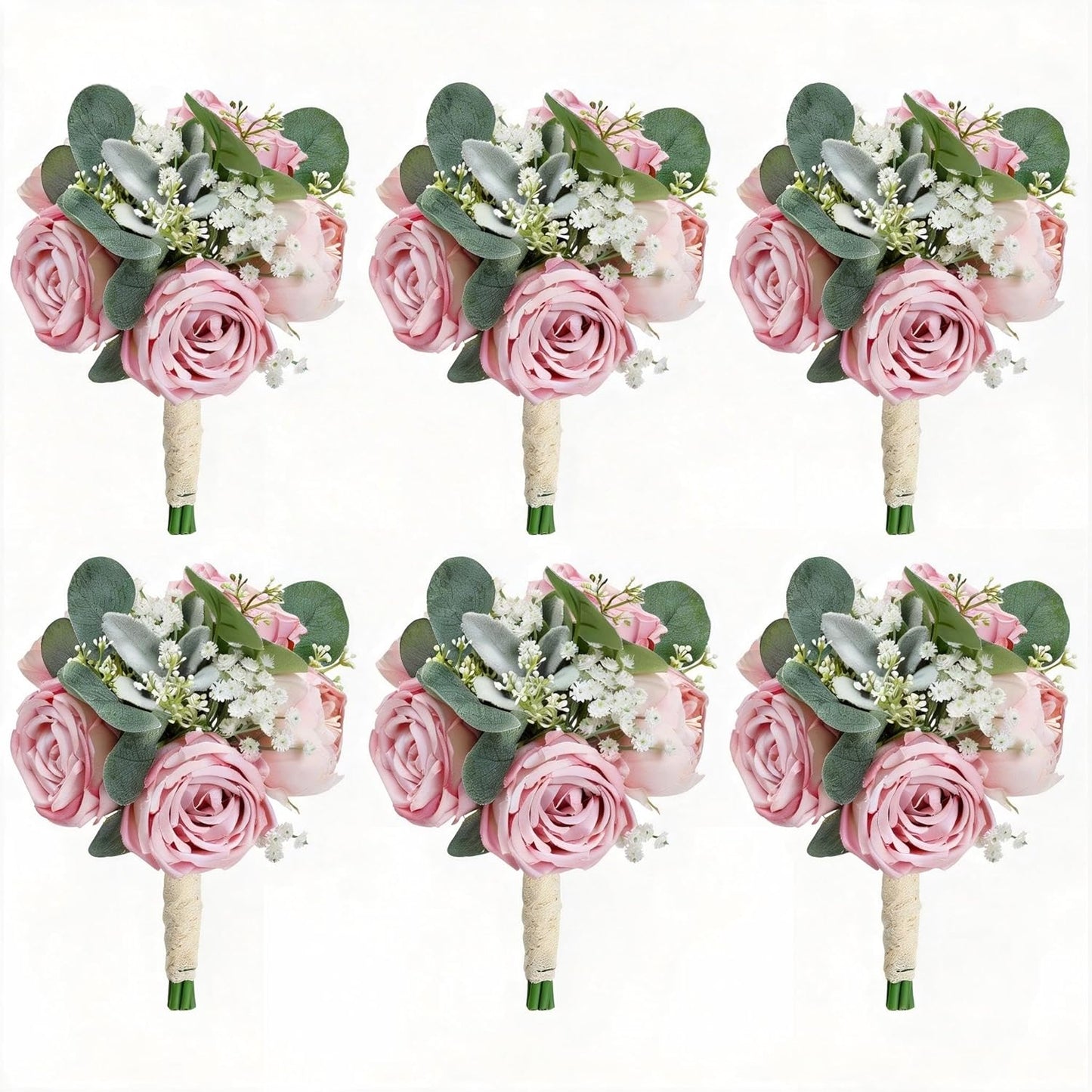 Set of 6 Dusty Pink Peonies & Rose Bridesmaid Bouquets for Wedding Marriage Proposal Bridal Shower Decorations