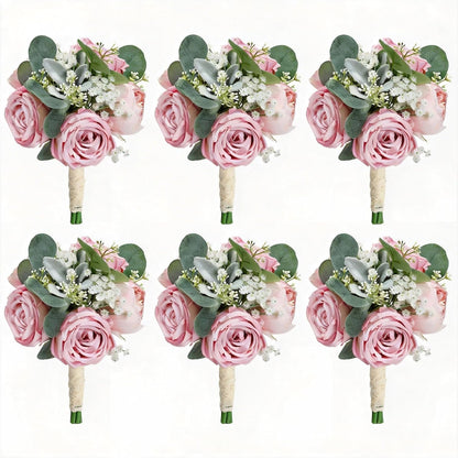 Set of 6 Dusty Pink Peonies & Rose Bridesmaid Bouquets for Wedding Marriage Proposal Bridal Shower Decorations