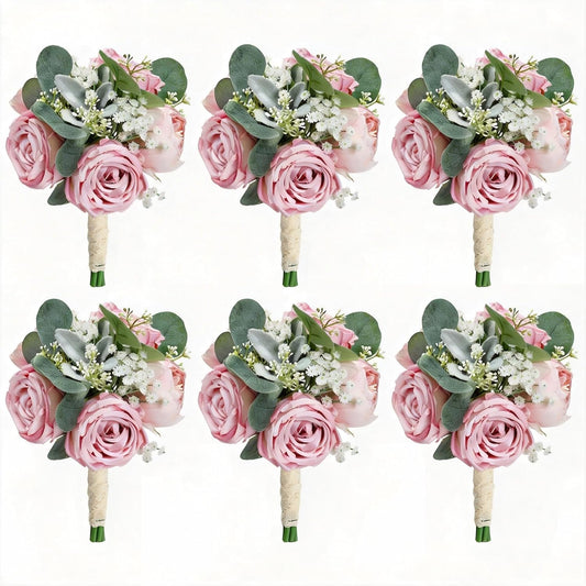 Set of 6 Dusty Pink Peonies & Rose Bridesmaid Bouquets for Wedding Marriage Proposal Bridal Shower Decorations
