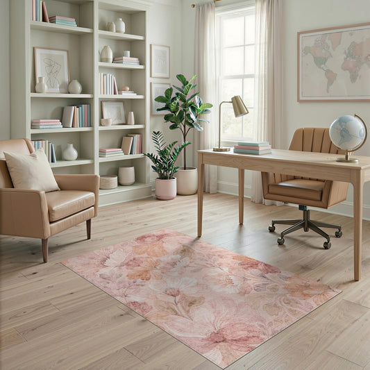 4'x6' Washable Bohemian Botanical Area Rug, Peach Flatwoven Floor Mat Non-Slip Chair-Friendly Carpet for Home Office, Gaming Room, Under Desk | Ref:2112574