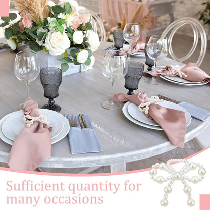 12 Pcs Pearl Bow Napkin Rings Imitation Bow Pearl Ring Napkin Holder Delicate Beaded Serviette Buckles for Christmas Wedding Party Dinner Table Decor and Daily Use(Elegant)