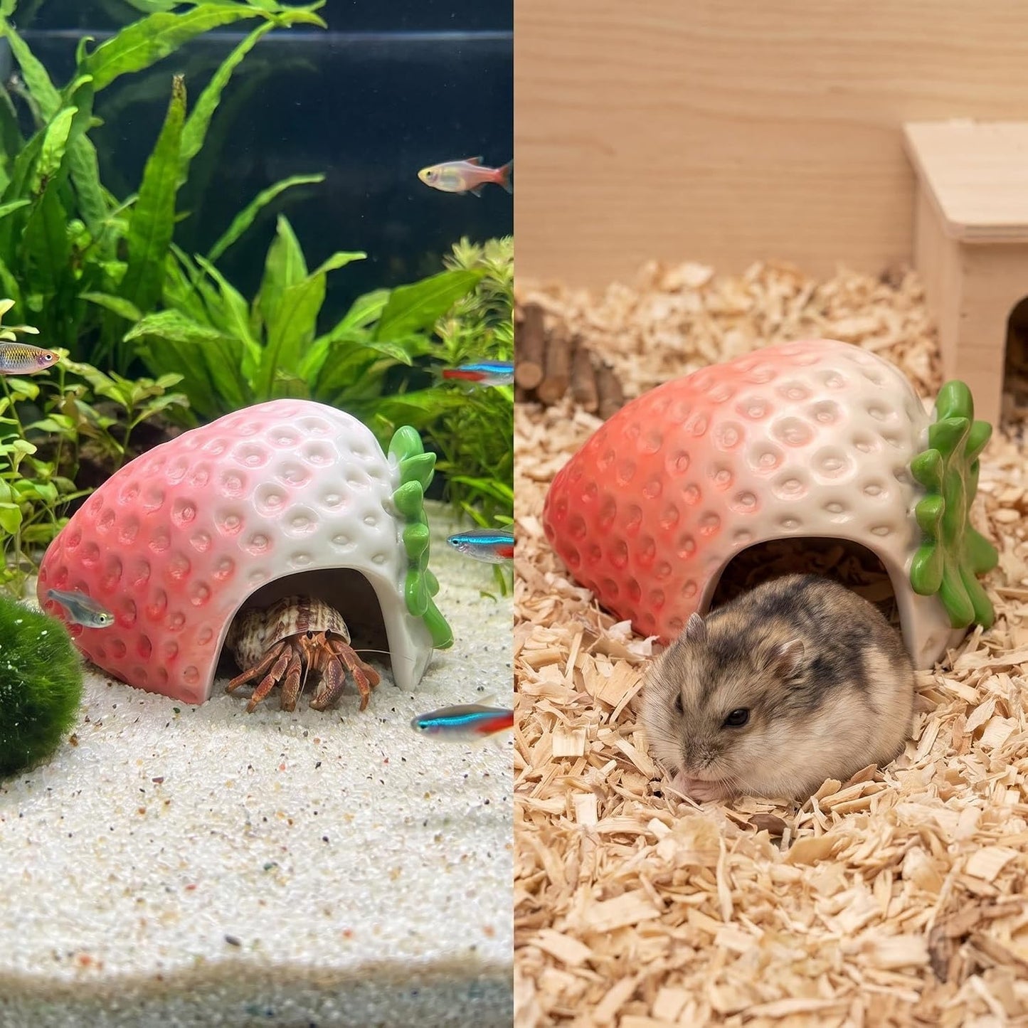 Betta Hideout, 2 Pack Strawberry Cave, Pink Ceramic | Aquarium Decor, Fish Tank Accessories, Hermit Crab Hideouts