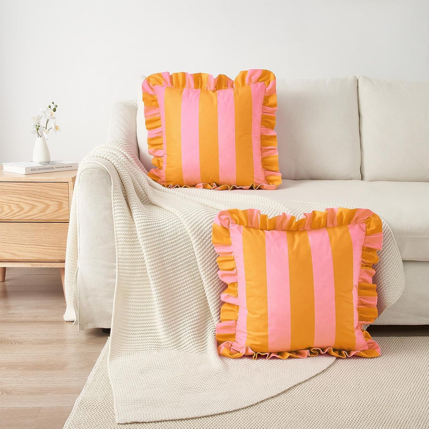 MONDAY MOOSE Decorative Throw Pillow Covers, Set of 2 Water-Resistant Striped Design with Ruffle Edge for Outdoor/Indoor Use, Pillow Inserts Not Included (22x22 inch, Light Pink/Honey)