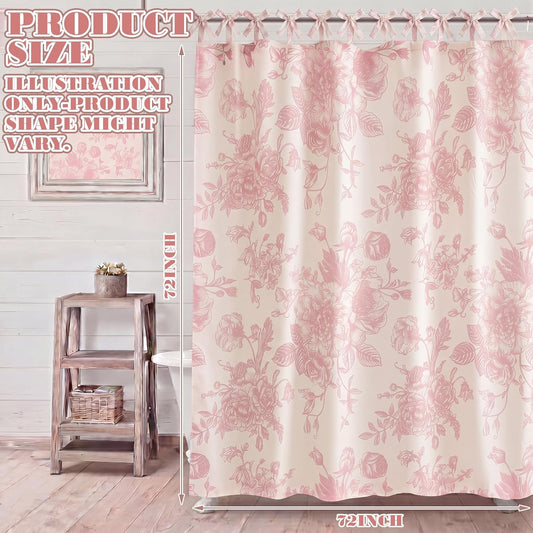 Floral Linen Shower Curtain 72 x 72 Inch Vintage Print Toile Bathroom Curtain with Tie-top Bow for Farmhouse Cottagecore French Country Bathtub and Bathroom Decor(Pink)