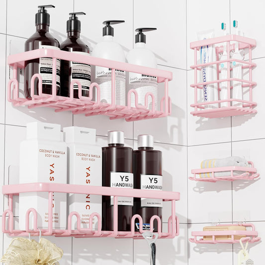 YASONIC Shower Caddy Adhesive 5-Pack, Rustproof Shower Organizer with Holder, No Drilling Shower Shelves for Inside Shower, Large Capacity Bathroom Organizers and Storage for Home & Renters, Pink
