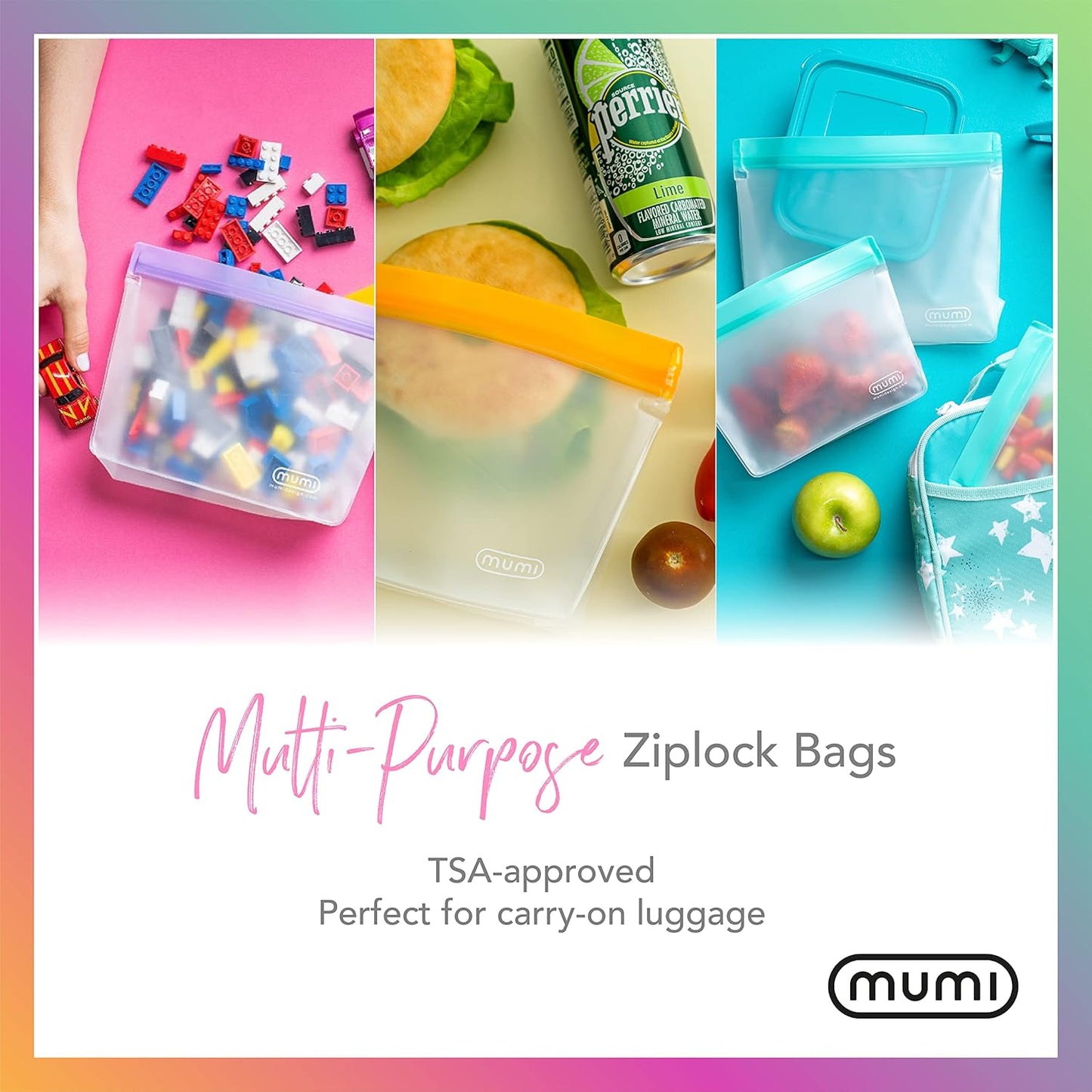 MUMI Piccolo Reusable Zip Up Bags – Set of 3 Silicone Ziplock Bag | Reusable Ziploc Bags for Food Storage, Freezer, & Snacks | BPA-Free Airtight Silicone Storage Bag for Travel & Meal Prep - Pink