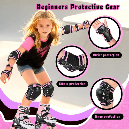 NEMONE Knee Pads for Kids, Girls Boys Knee Elbow Pads Wrist Guards with Drawstring Bag, Adjustable Reflective Protective Gear Set for Roller Skates Bike Cycling Skateboard Scooter - Black Pink M