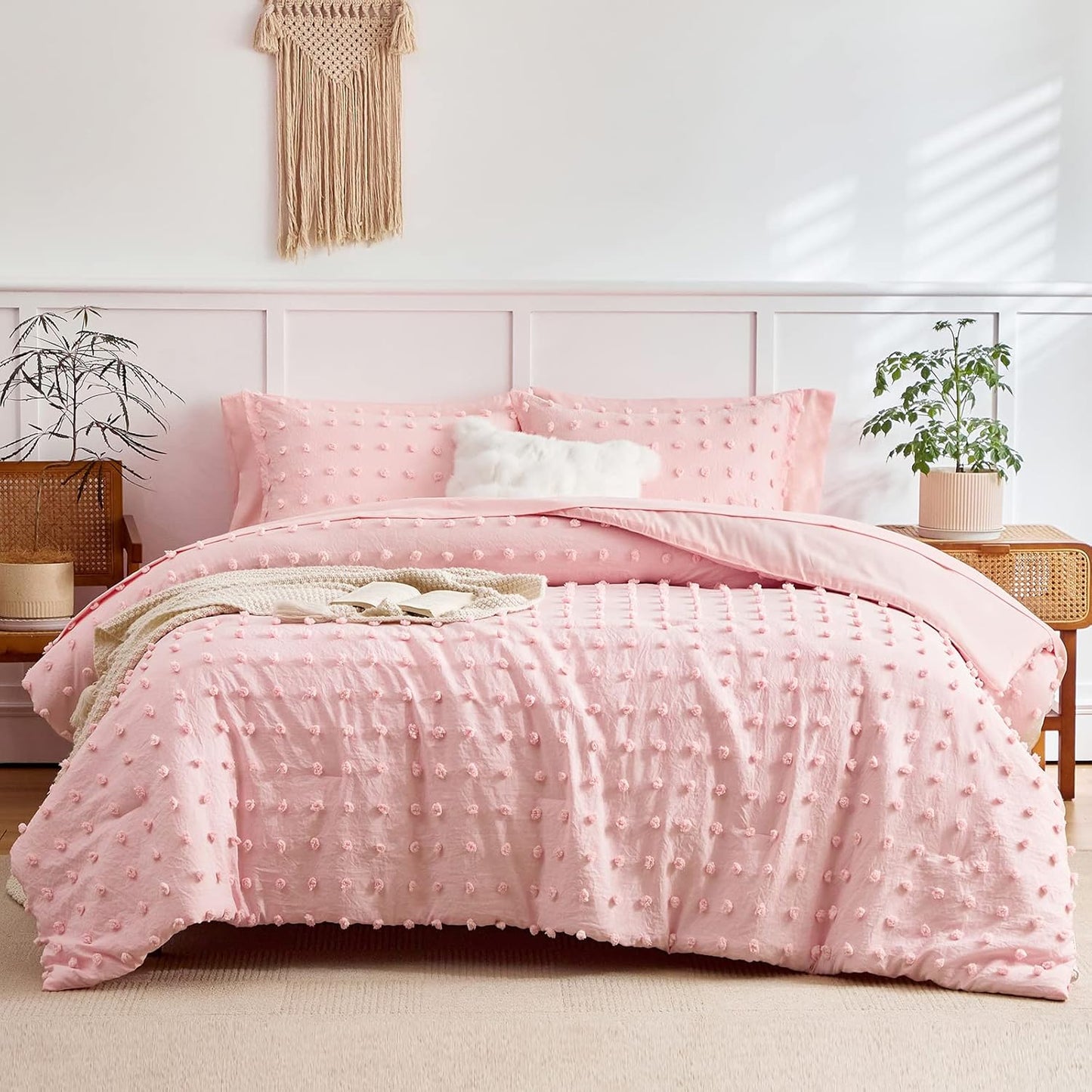 6 Pieces Tufted Dots Bed in a Bag Twin Comforter Set Girls Pink , Soft and Embroidery Shabby Chic Boho Bohemian Comforters, Luxury Solid Color with Pom Pom Design, Jacquard Tufts Bedding Set for Kids