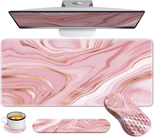 Light Pink Desk Mat Set with Mouse Pad and Memory Foam Wrist Rest, Soft Mat for Mouse and Keyboard, Large Office Desk Mat with Wrist Support, Smooth Surface, Non-Slip Base, 35.4 x 15.7 in