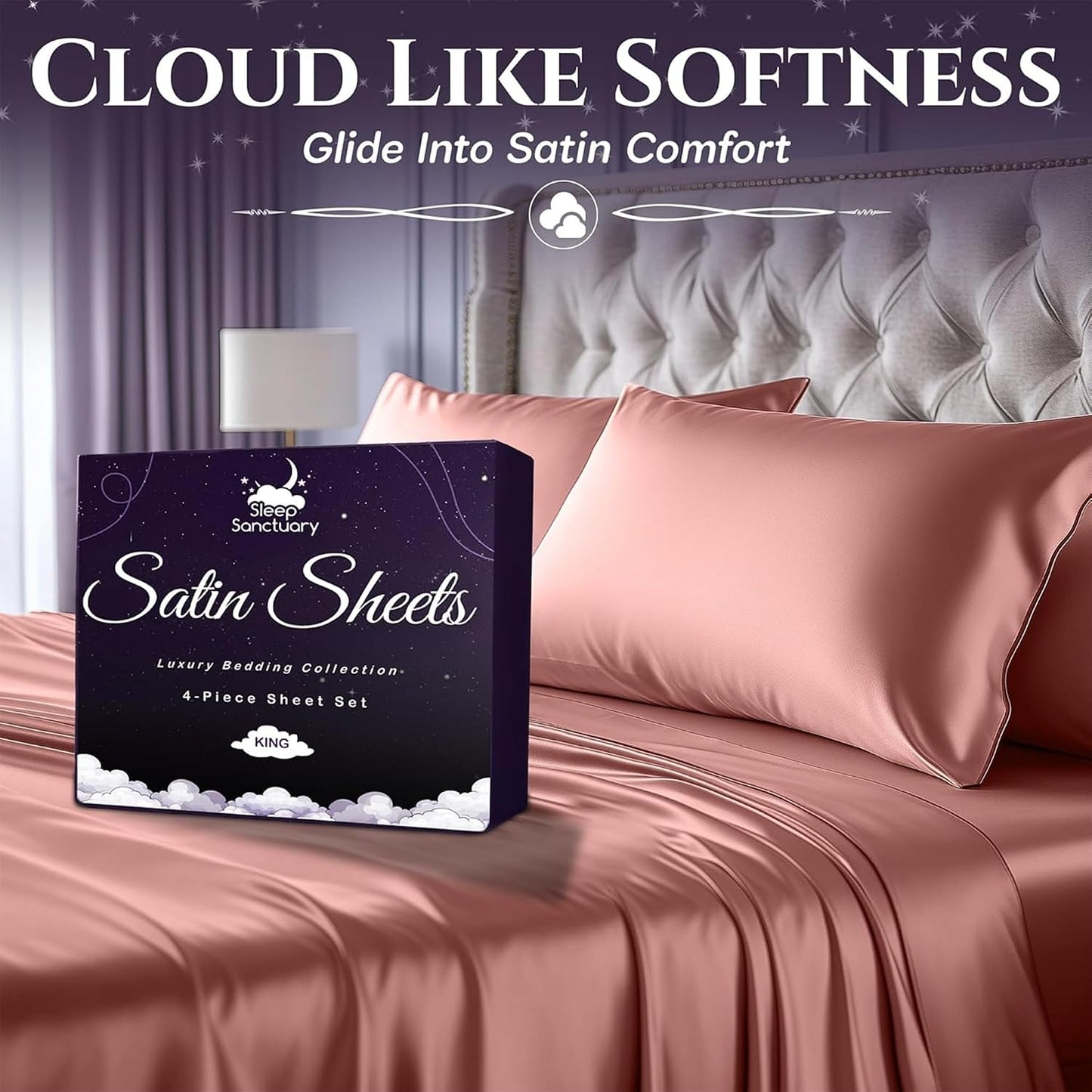 SLEEP SANCTUARY Satin Sheets King Size – 4 Piece Luxury Silky Bed Set, Softer Than Silk, 15" Deep Pocket, Cooling & Wrinkle-Free, Moisture-Wicking & Breathable for Hair & Skin (Blush Pink)