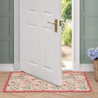 Laura Ashley Cotton Crochet Border Sherston Coral Pink Floral Machine Washable & Slip Resistant 26" x 45" Accent Rug