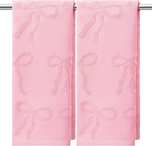 Kifmurase 2PCS Pink Hand Towels for Girl Bathroom Decor, Pink Bow Face Towels Cotton Soft Absorbent Decorative Jacquard Facecloth, Cute Bath Towel for Kitchen Bathroom Decor, 29.5 × 13 inch