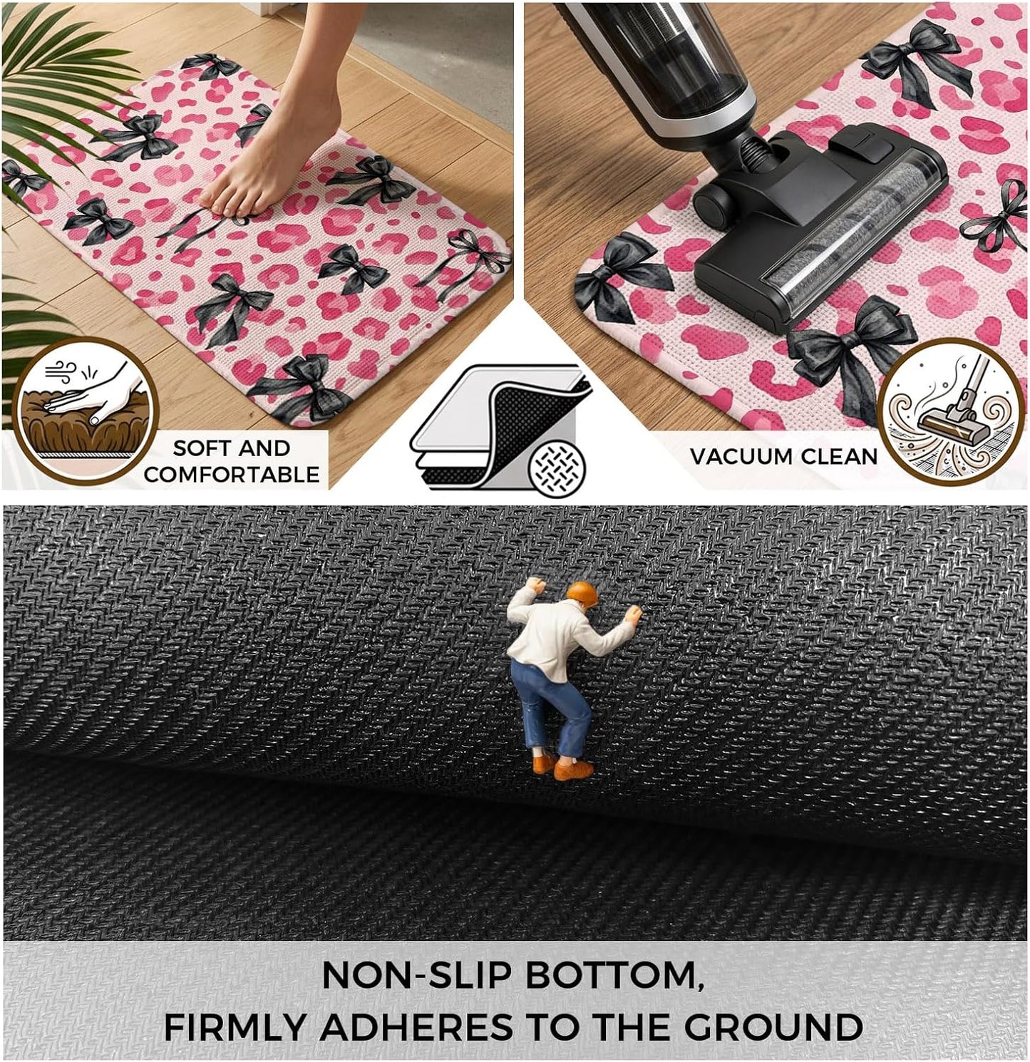 Bathroom Rugs 31.5x47.2 Inch, Black Bow Pink Leopard Non Slip Rugs Washable Low Pile, Minimalist Boho Chic Modern Front Door Mat Entryway Rug with Rubber Backing