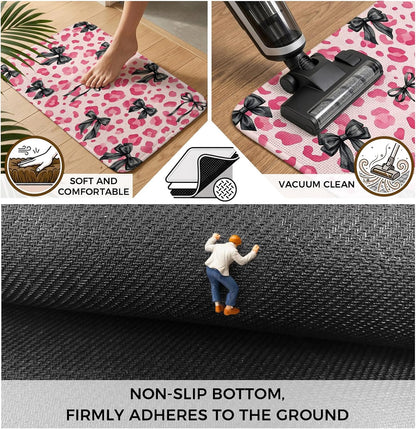 Bathroom Rugs 31.5x47.2 Inch, Black Bow Pink Leopard Non Slip Rugs Washable Low Pile, Minimalist Boho Chic Modern Front Door Mat Entryway Rug with Rubber Backing