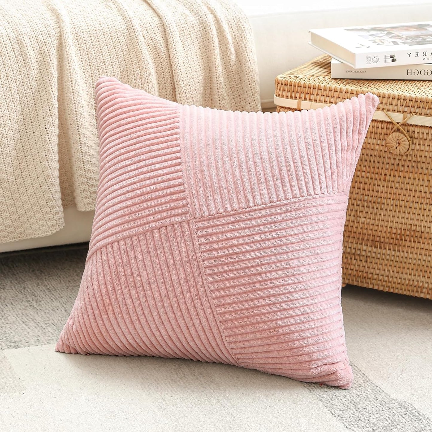 OTOSTAR Set of 1 Decorative Throw Pillow Cover Soft Corduroy Solid Square Pillow Cases Boho Striped Windmill Patchwork Textured Cushion Cover for Sofa Car Bed Living Room 18x18 Inch, Pink