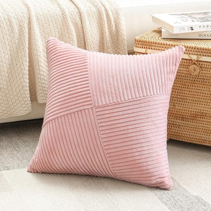 OTOSTAR Set of 1 Decorative Throw Pillow Cover Soft Corduroy Solid Square Pillow Cases Boho Striped Windmill Patchwork Textured Cushion Cover for Sofa Car Bed Living Room 18x18 Inch, Pink