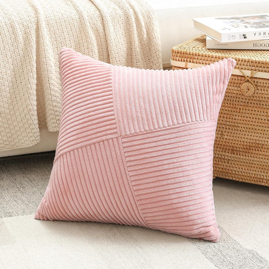 OTOSTAR Set of 1 Decorative Throw Pillow Cover Soft Corduroy Solid Square Pillow Cases Boho Striped Windmill Patchwork Textured Cushion Cover for Sofa Car Bed Living Room 18x18 Inch, Pink